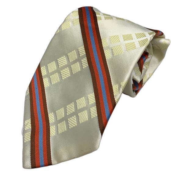 Vintage Sears The Mens Store White Red Blue Striped Polyester Wide Mens Tie - Picture 1 of 3
